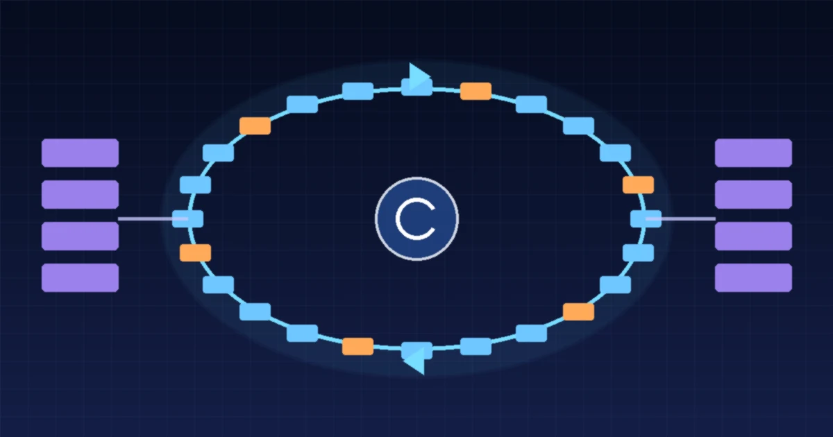 A glowing oval loop of blue and orange layer tiles on a dark blue grid, linked to stacks of purple blocks on each side