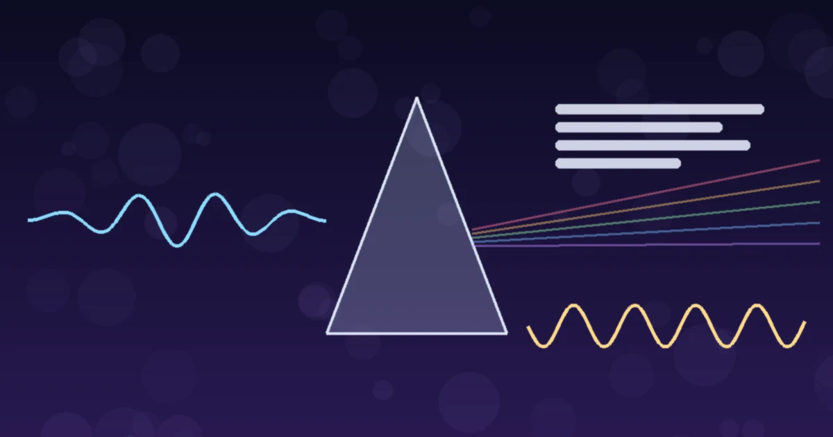 A blue sound wave passing through a glass prism and splitting into lines of text and a golden speech wave