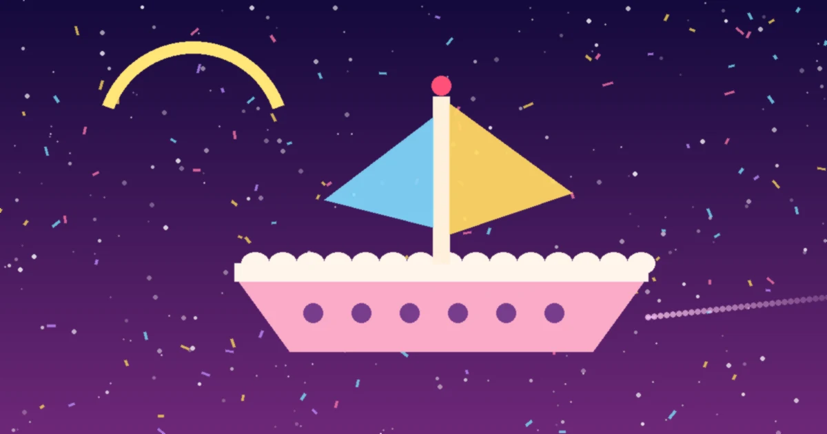 A pastel, cake-like ship with bright sails drifting through a starry purple sky full of confetti