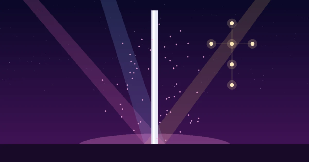 A glowing dance pole on a spotlit stage under a cross-shaped constellation of stars