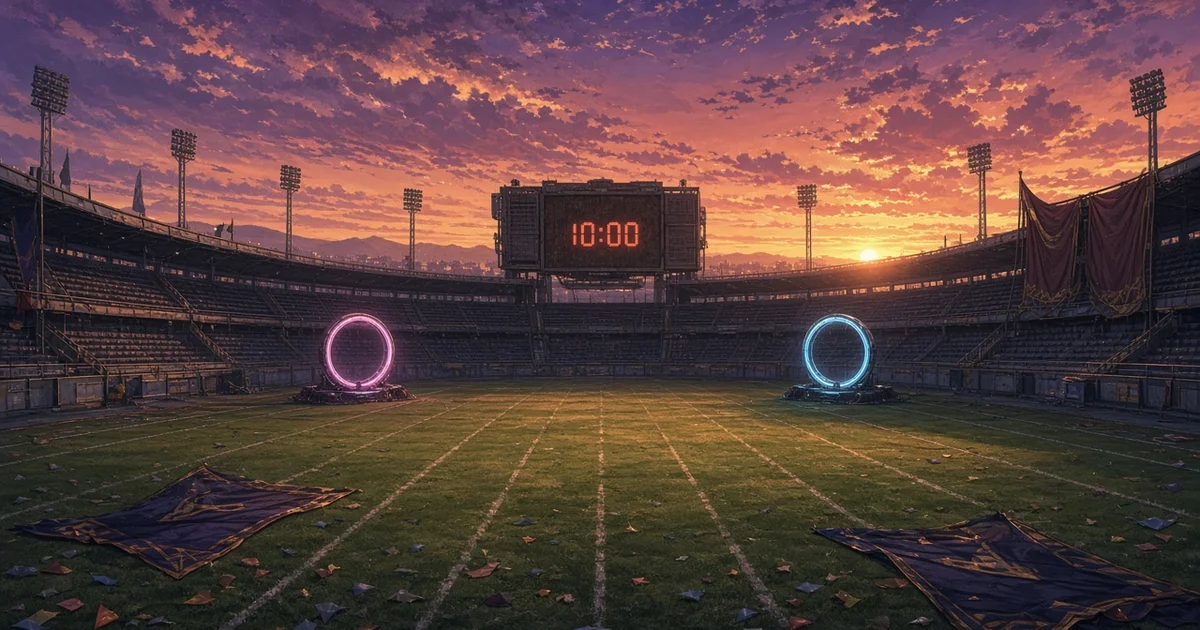 Illustration of an empty battle stadium at sunset with two glowing goal rings and fallen banners on the grass