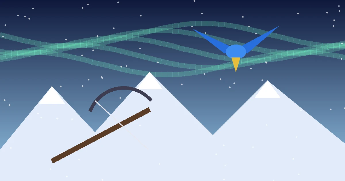 A crossbow on a snowy mountain slope under a green aurora, with a blue bird swooping overhead