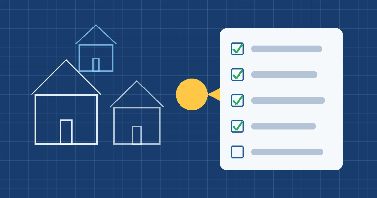 White house outlines on a blue blueprint grid next to a checklist with green check marks