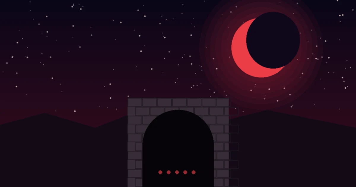 A blood-red crescent moon over a dark stone dungeon gate under a starry night sky