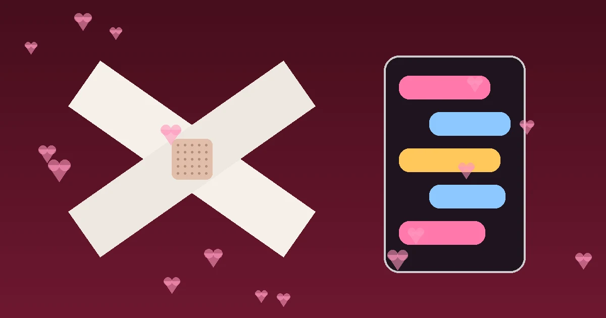 Two crossed white bandage strips with a small plaster in the middle beside a phone chat window, with pink hearts on dark red