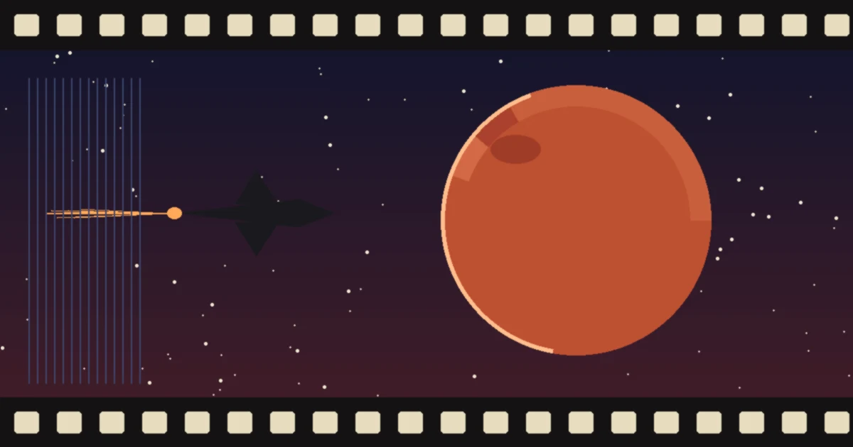 A small spaceship flies toward a red planet, framed by a strip of film