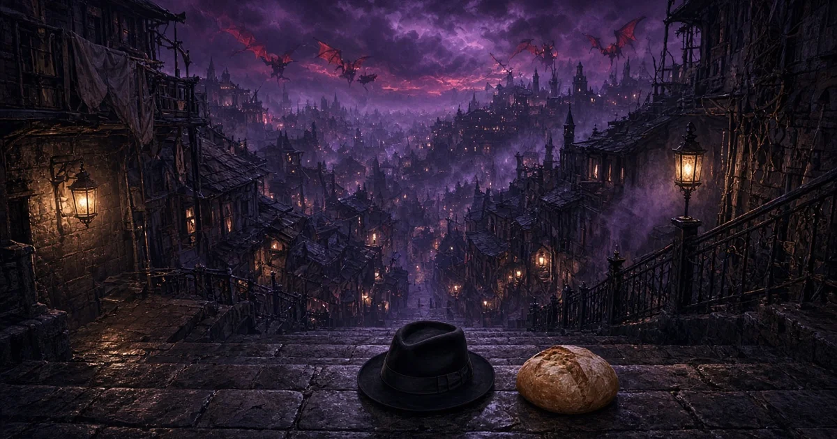 Illustration of a moody fantasy slum at night, with a black fedora and a loaf of bread on a dark stone staircase