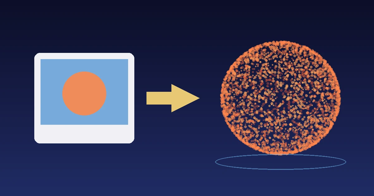 A framed photo with an arrow pointing to a glowing sphere made of thousands of small orange dots