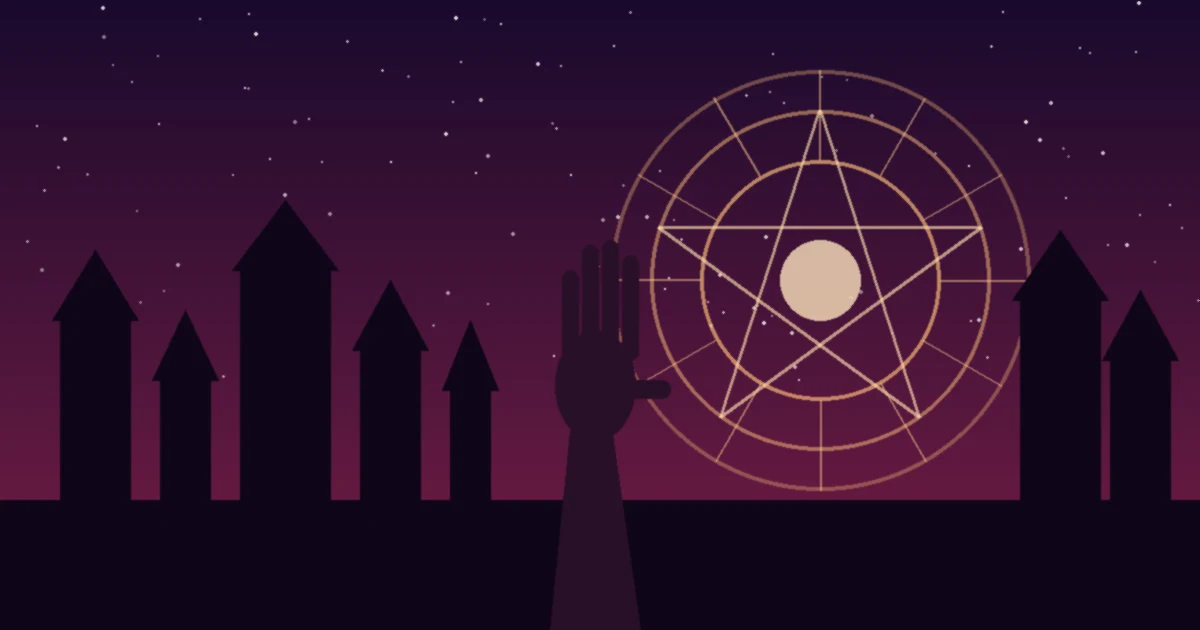A glowing golden magic circle in a violet night sky above dark academy spires and a raised hand