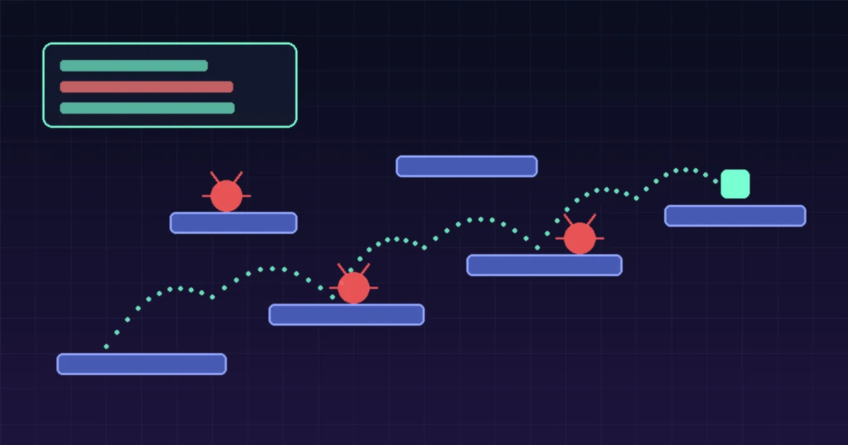 A glowing path hopping across game platforms toward a goal, with small markers along the way