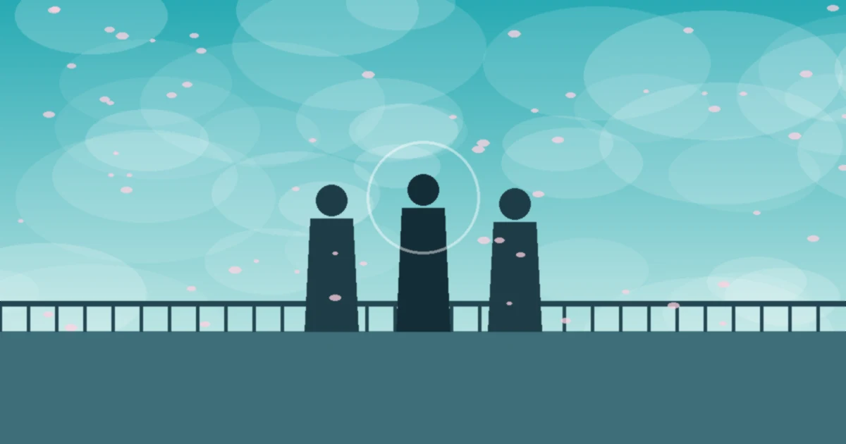 Three silhouetted students on a school rooftop under a turquoise sky with drifting petals