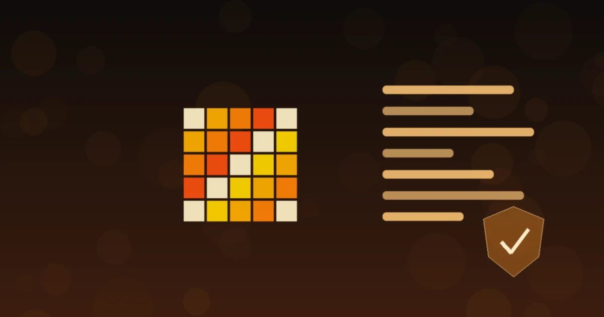 A glowing orange cube made of smaller blocks beside lines of code and a shield with a check mark on a dark background