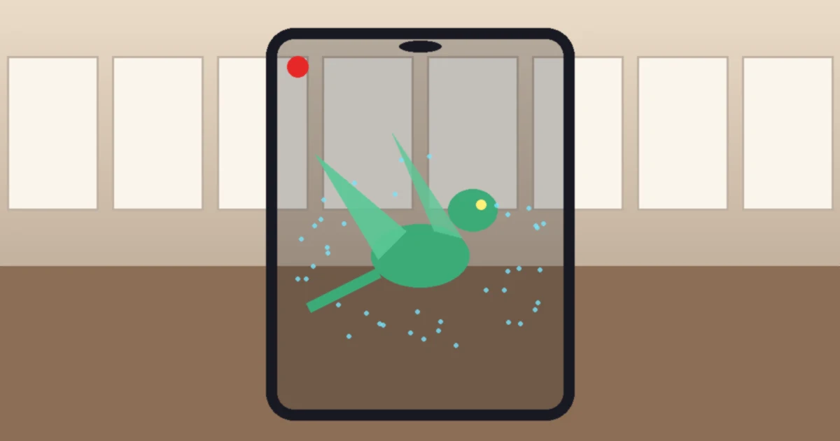 A small green dragon seen through a phone screen inside a bright kitchen