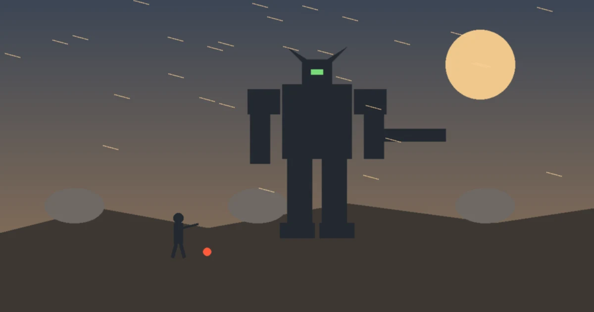 A blocky giant robot silhouette at dusk with a small foot soldier and a red flare beside it