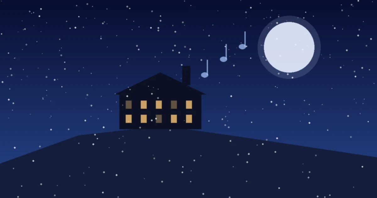 A lit mansion on a snowy hill under a full moon at night, with music notes drifting toward the sky