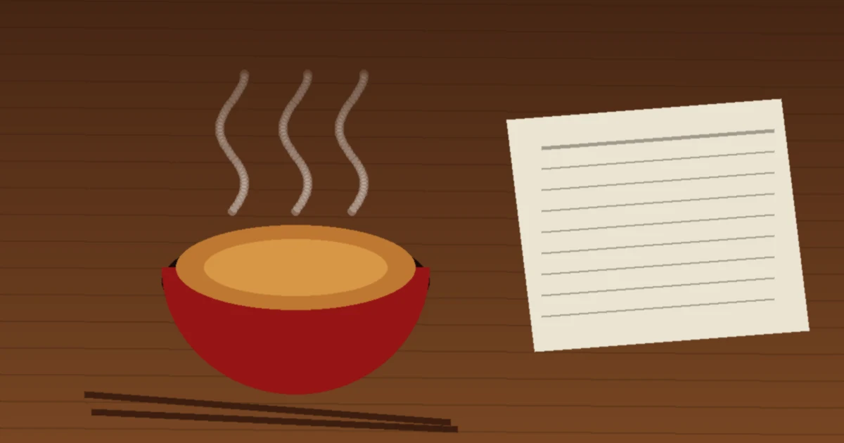 A steaming red bowl of soup with chopsticks beside a folded newspaper on a wooden table