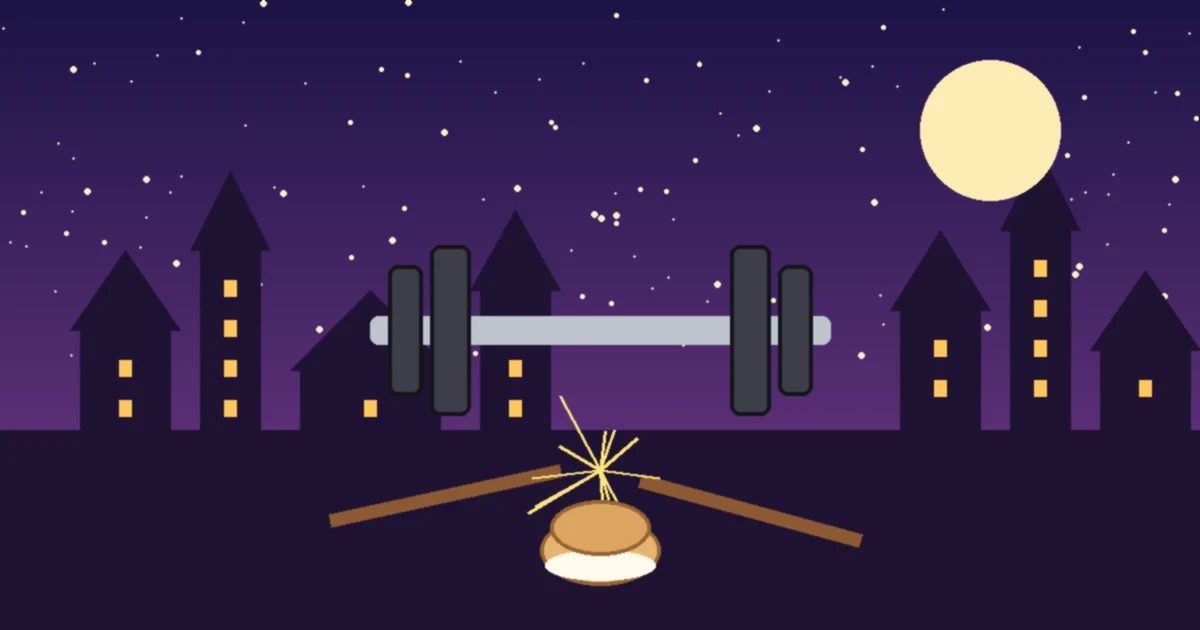Illustration of a heavy barbell above a snapped wooden wand and a cream puff, set against a moonlit magic academy skyline