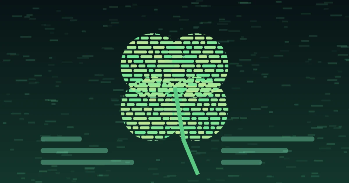A four-leaf clover formed from rows of glowing green text blocks on a dark green background