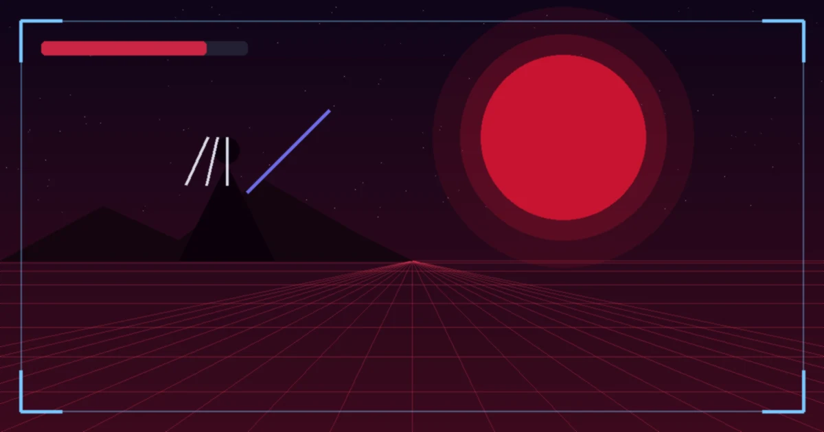 A caped silhouette with silver hair under a huge crimson moon above a glowing game grid