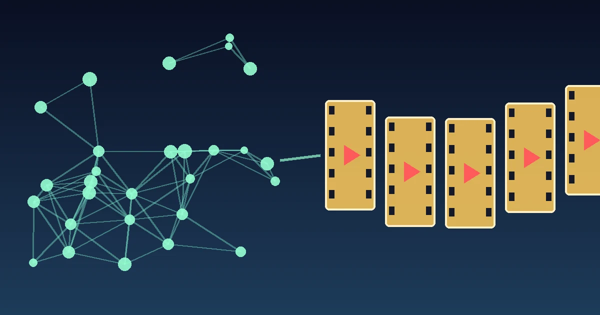 A glowing green network of connected nodes linked to a row of golden film frames with red play buttons on a dark blue background