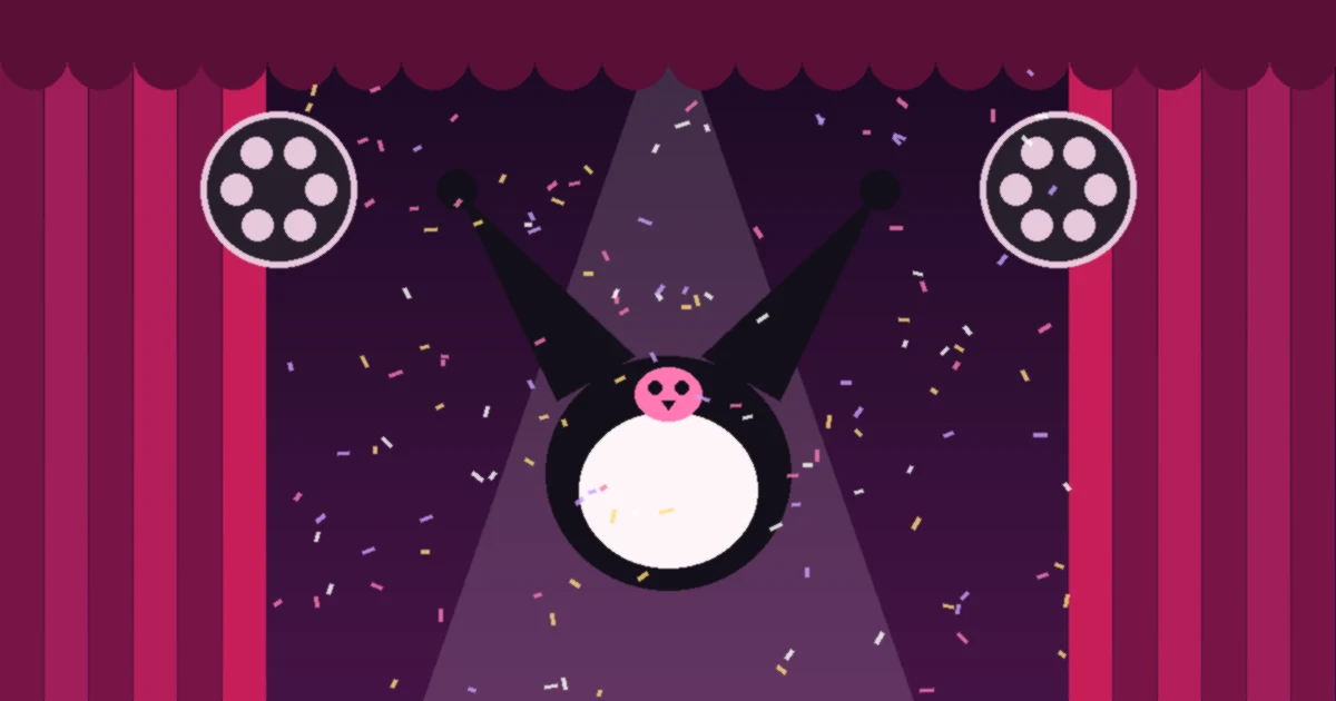 A small black jester-eared figure with a pink skull mark under a spotlight between pink stage curtains and film reels, with confetti