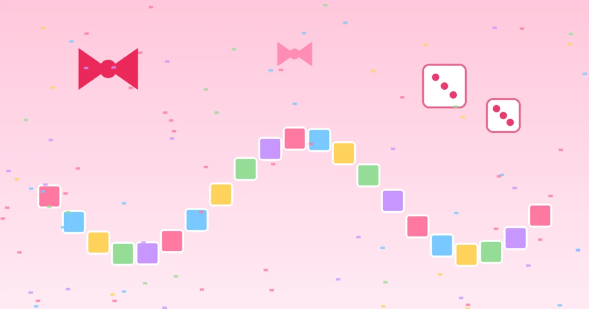 A pastel pink game board path of colorful tiles with dice, red bows and confetti
