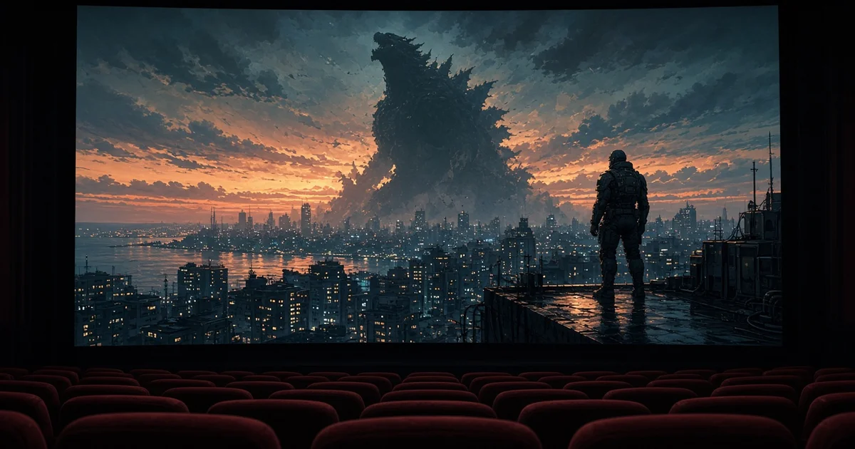 Illustration of a giant monster silhouette over a city at dusk, projected on a cinema screen above rows of empty red seats
