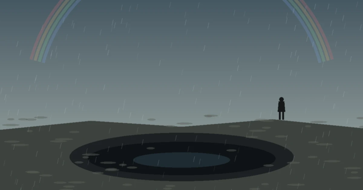 A lone figure stands on the rim of a dark crater under grey rain with a faint rainbow overhead