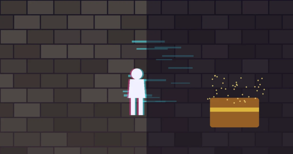 A glitching figure slipping through a stone dungeon wall toward a glowing treasure chest