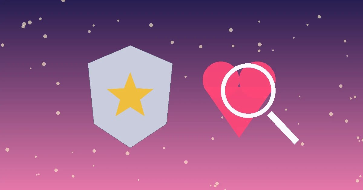 A silver police badge with a gold star beside a pink heart under a magnifying glass, on a purple and pink sky with sparkles