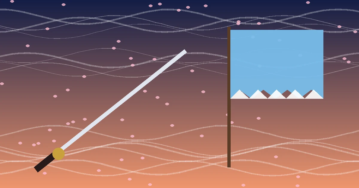 A katana and a sky-blue banner with white zigzag trim against a dusk sky with wind streaks and falling pink petals
