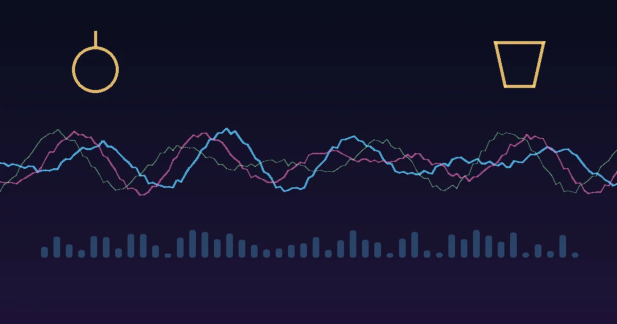 Glowing sound waveforms and level bars over a dark studio background