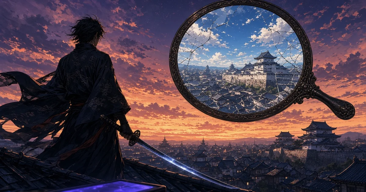 Illustration of a swordsman in a black robe on a rooftop at dusk, facing a giant cracked mirror that reflects an old Japanese city