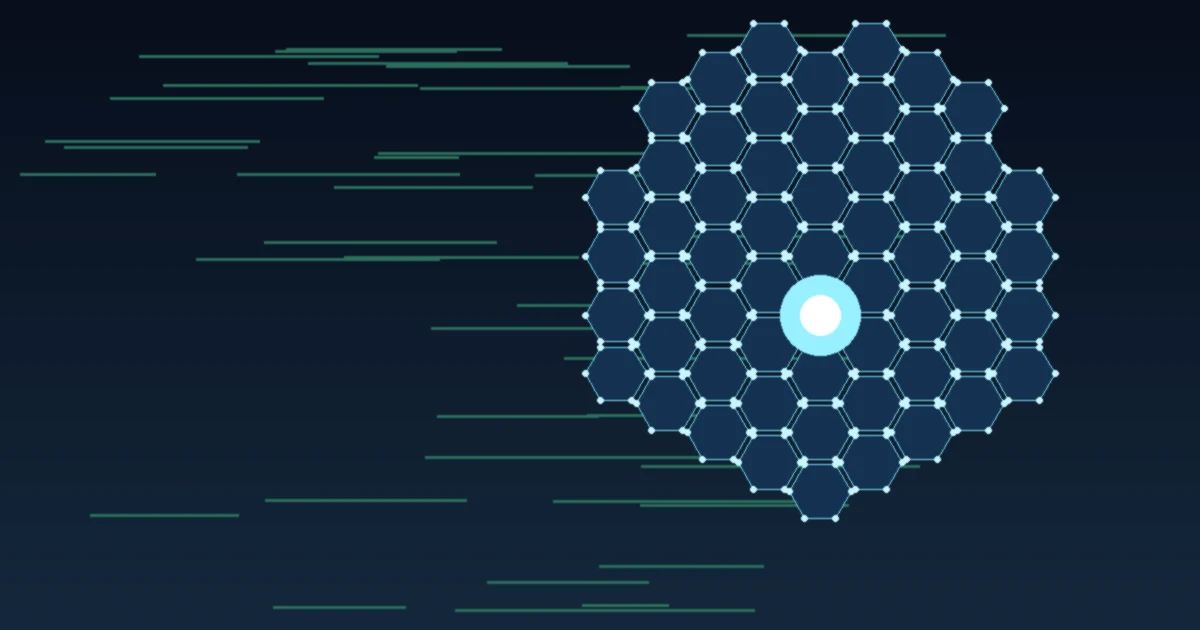 A glowing hexagonal lattice shaped like a shield beside streaks of green code lines