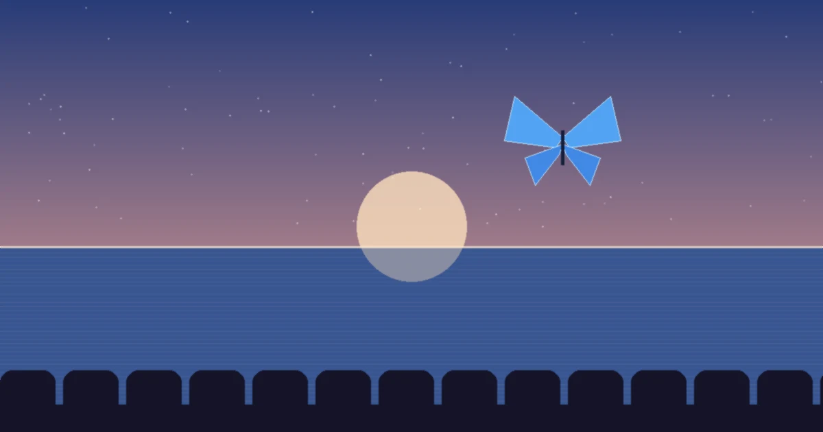 A seaside horizon at dusk with a glowing blue butterfly above the water and rows of dark cinema seats in the foreground
