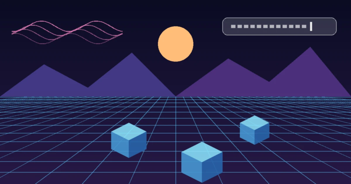 A neon wireframe landscape with floating cubes, sound waves and a text prompt bar