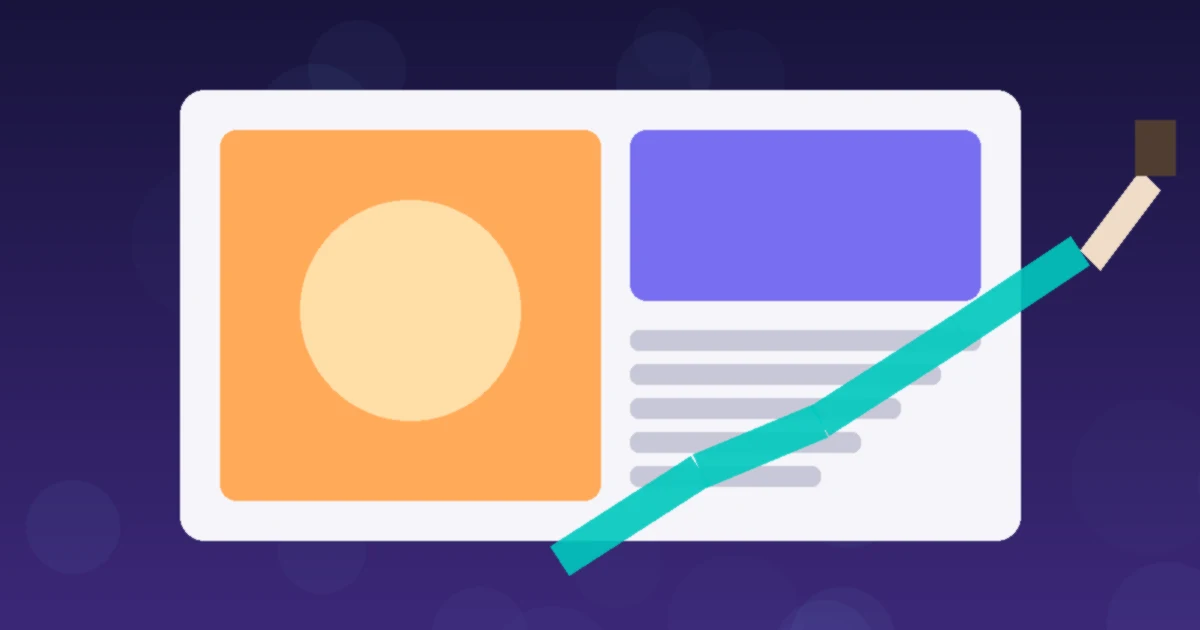 A flat illustration of a design layout with colour blocks and a teal brush stroke sweeping across it