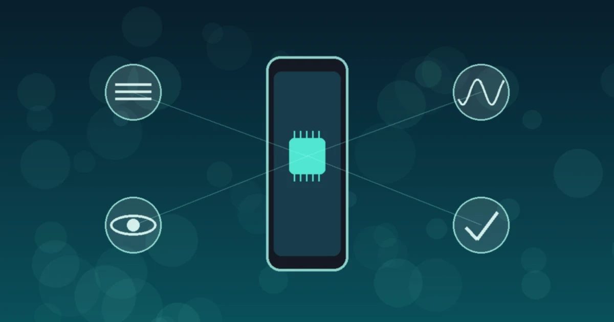 A phone with a glowing chip linked to icons for text, vision, audio and decisions on a teal background