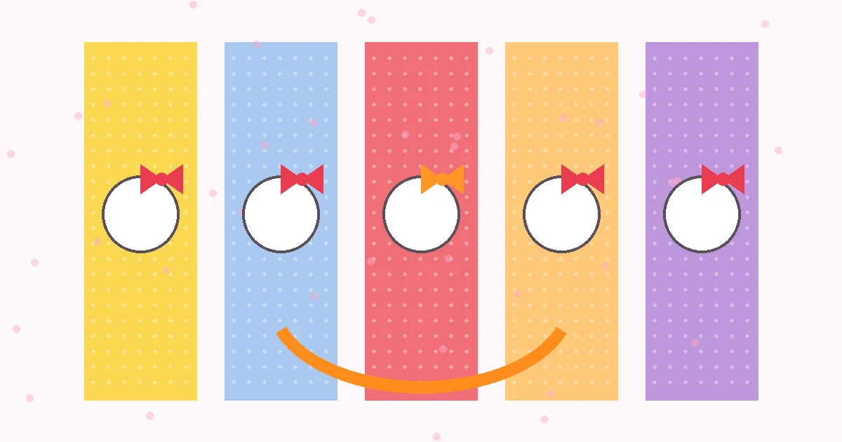 Five pastel color stripes, each with a round white face wearing a little bow, above a bright orange arc