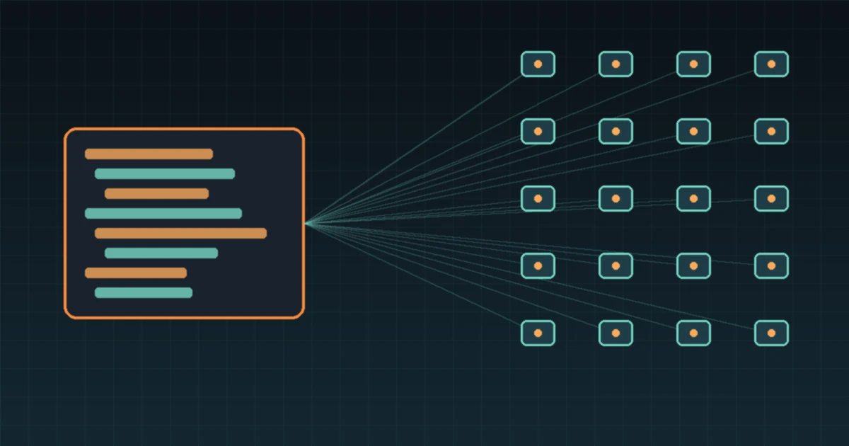A code panel fanning out lines to a grid of twenty small tool nodes