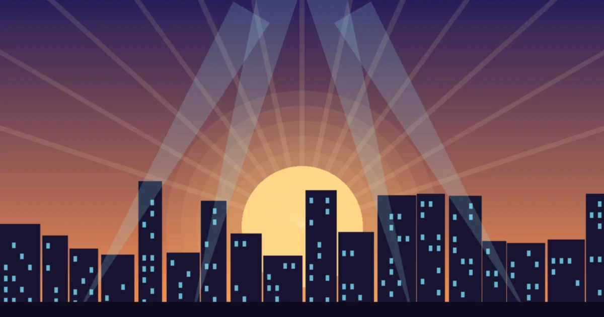 A near-future city skyline at dawn with a rising sun and stage spotlights sweeping the sky