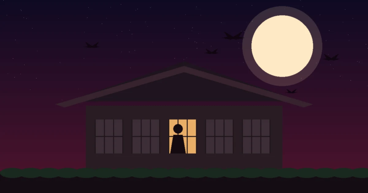 A traditional Japanese house at night under a full moon, with one glowing window