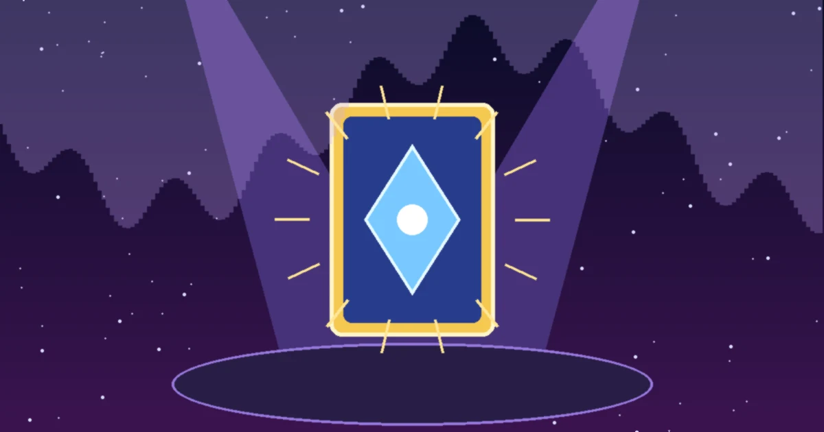 A glowing trading card on a spotlit stage as a violet veil lifts away above it