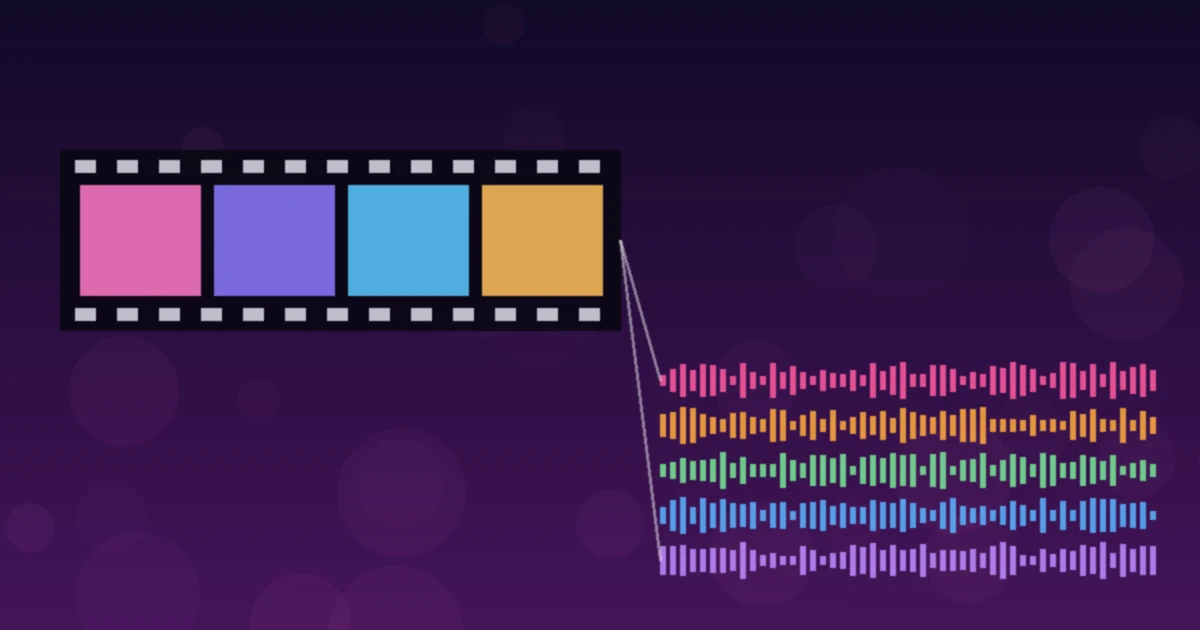 A film strip of colored frames connected to five colored audio waveforms on a purple background