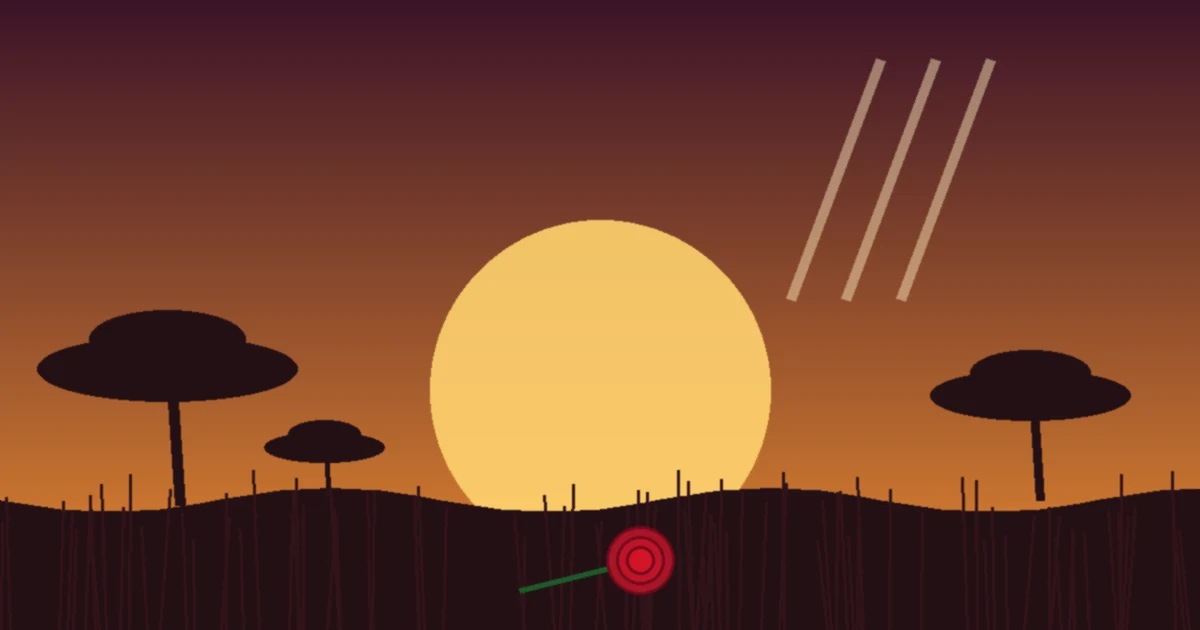 A golden sun setting over a dark savanna with acacia trees, claw marks in the sky and a red rose in the grass