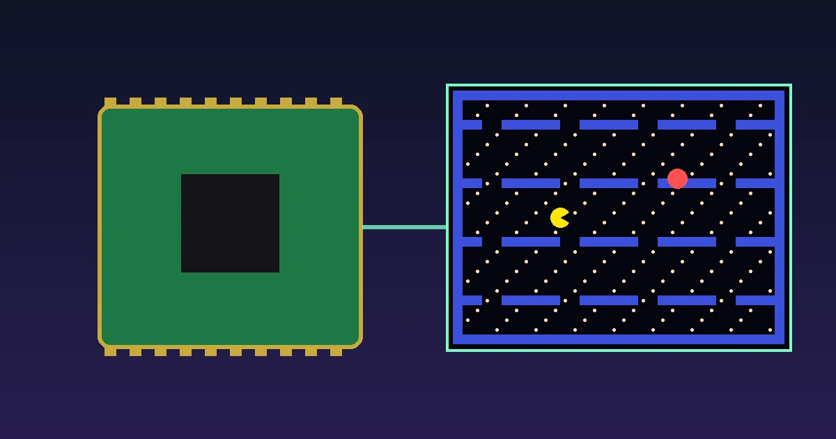 A green microcontroller board wired to a pixel maze game screen with a yellow hero, a red ghost and rows of pellets