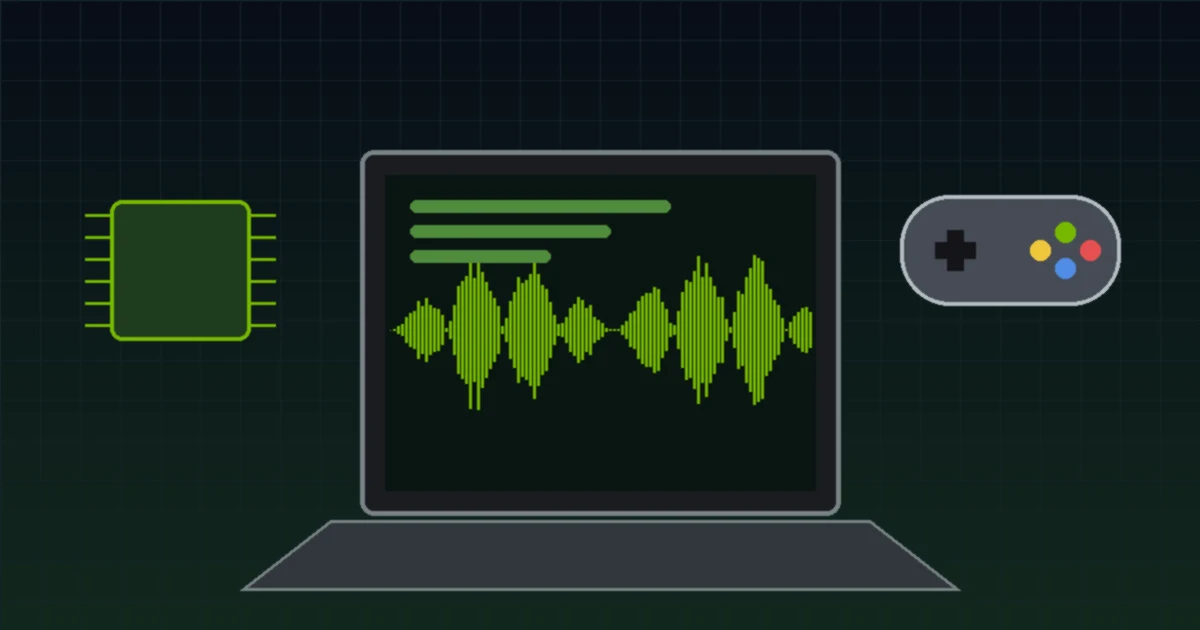 Illustration of a laptop showing a green audio waveform, flanked by a glowing chip and a game controller on a dark grid