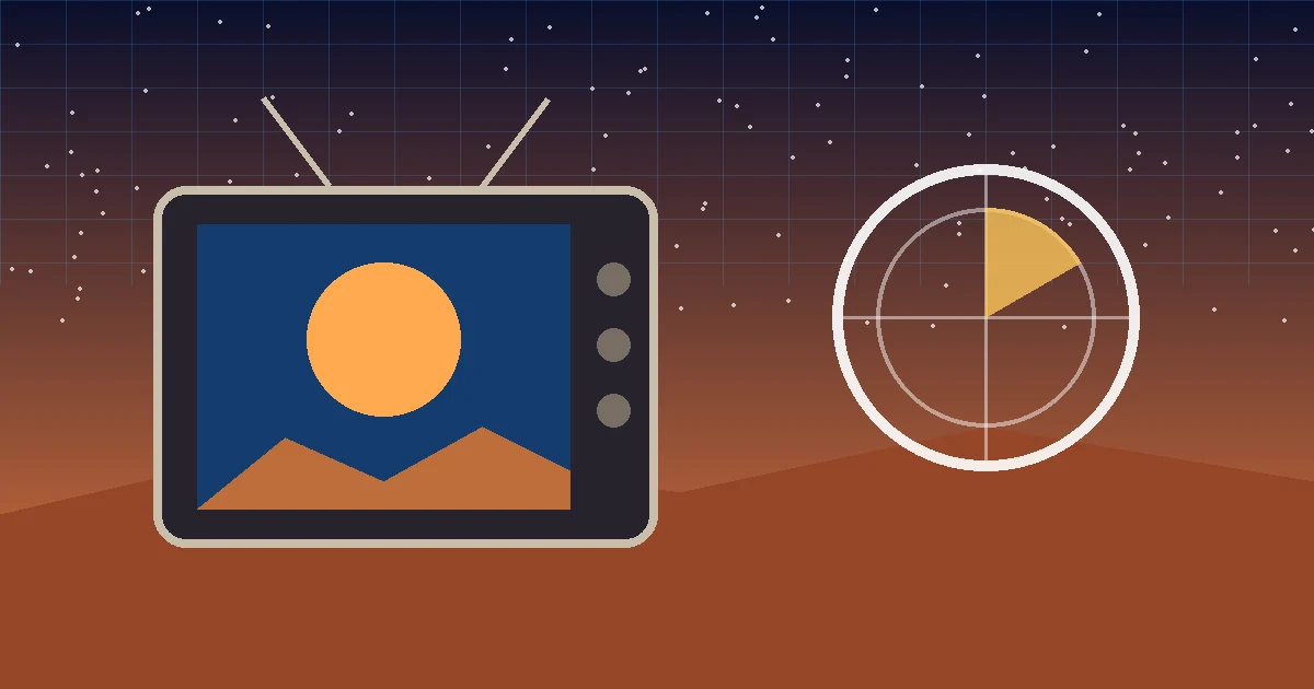 A retro TV showing a desert sunset under a starry digital grid sky, beside a white film countdown circle
